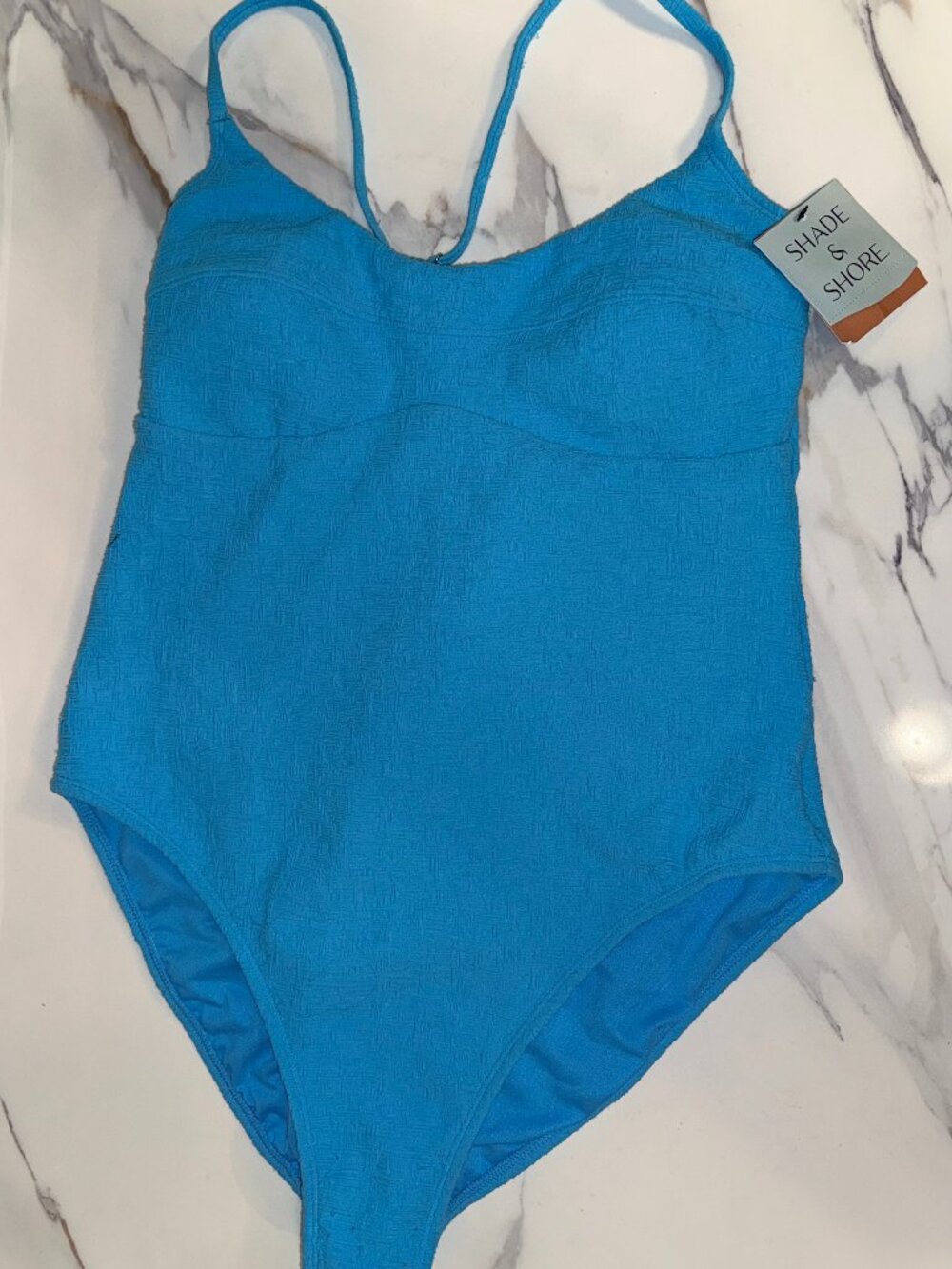 💙✨ Shade & Shore Blue Jacquard One-Piece Swimsuit L 12-14 NWT | Sku 0009✨💙